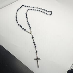 Vintage Black Acrylic Rosary Necklace Added Italy Crucifix Catholic Prayer Beads